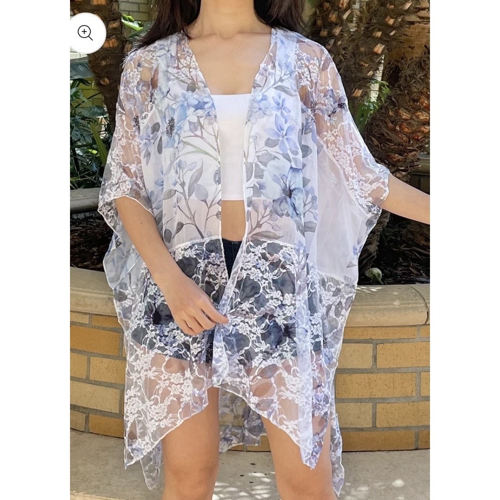 Brittany Black Kimono Lace Floral Cover Up‎ Boho Festival Sz L Blue White Whimsy